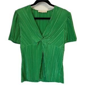 Fair Haven Green Solid Plissè Crinkle V Neck Knotted Short Sleeve Blouse Small